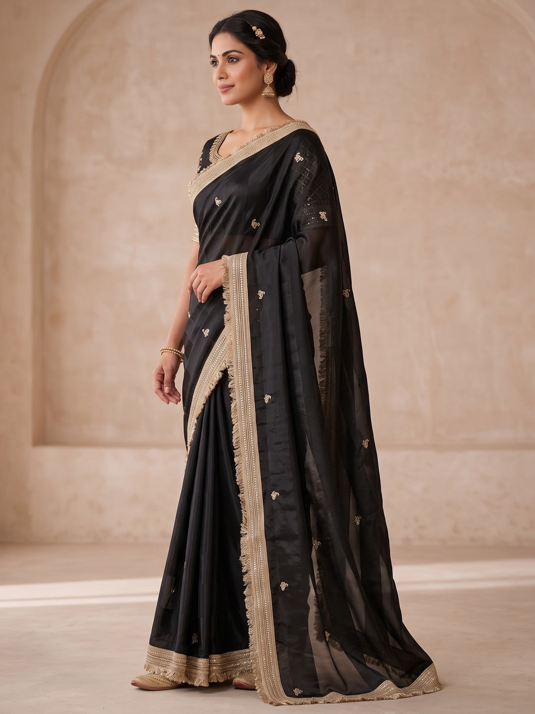 Peachmode Black Embroidered Fandy Satin Saree - Image 3