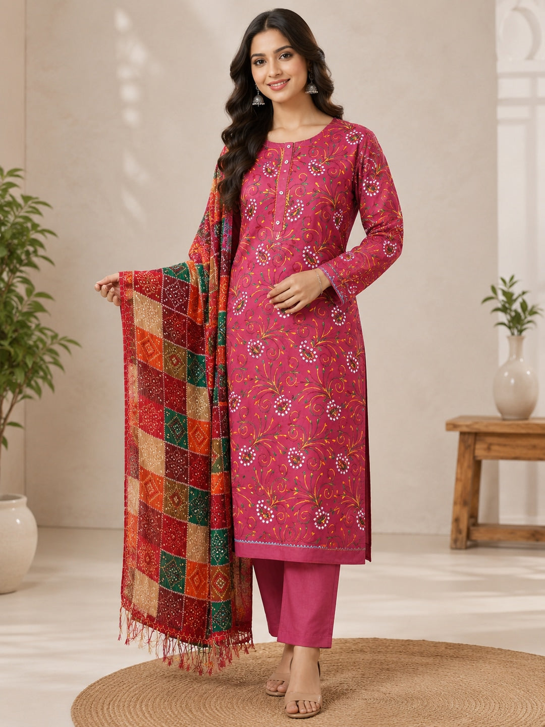 Peachmode Wine Floral Embroidered Cotton Blend Dress Material - Image 2