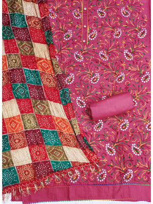 Peachmode Wine Floral Embroidered Cotton Blend Dress Material - Image 2