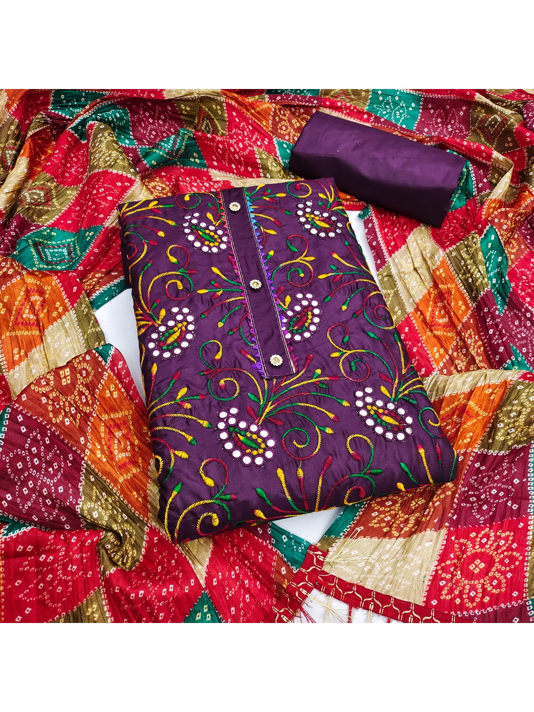 Peachmode Purple Floral Embroidered Cotton Blend Dress Material - Image 1
