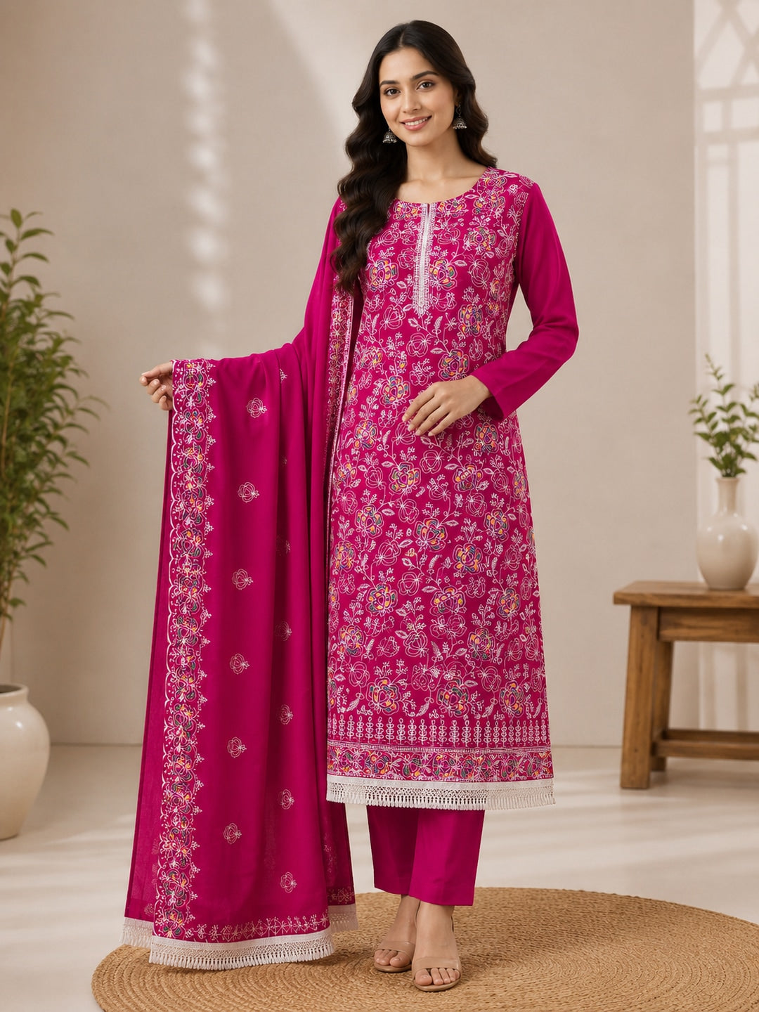 Peachmode Rani Pink Chanderi Thread Work Dress Material - Image 1