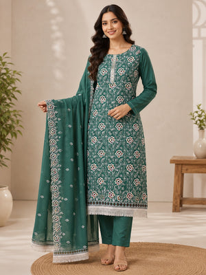 Peachmode Rama Green Floral Thread Work Georgette Dress Material - Image 1