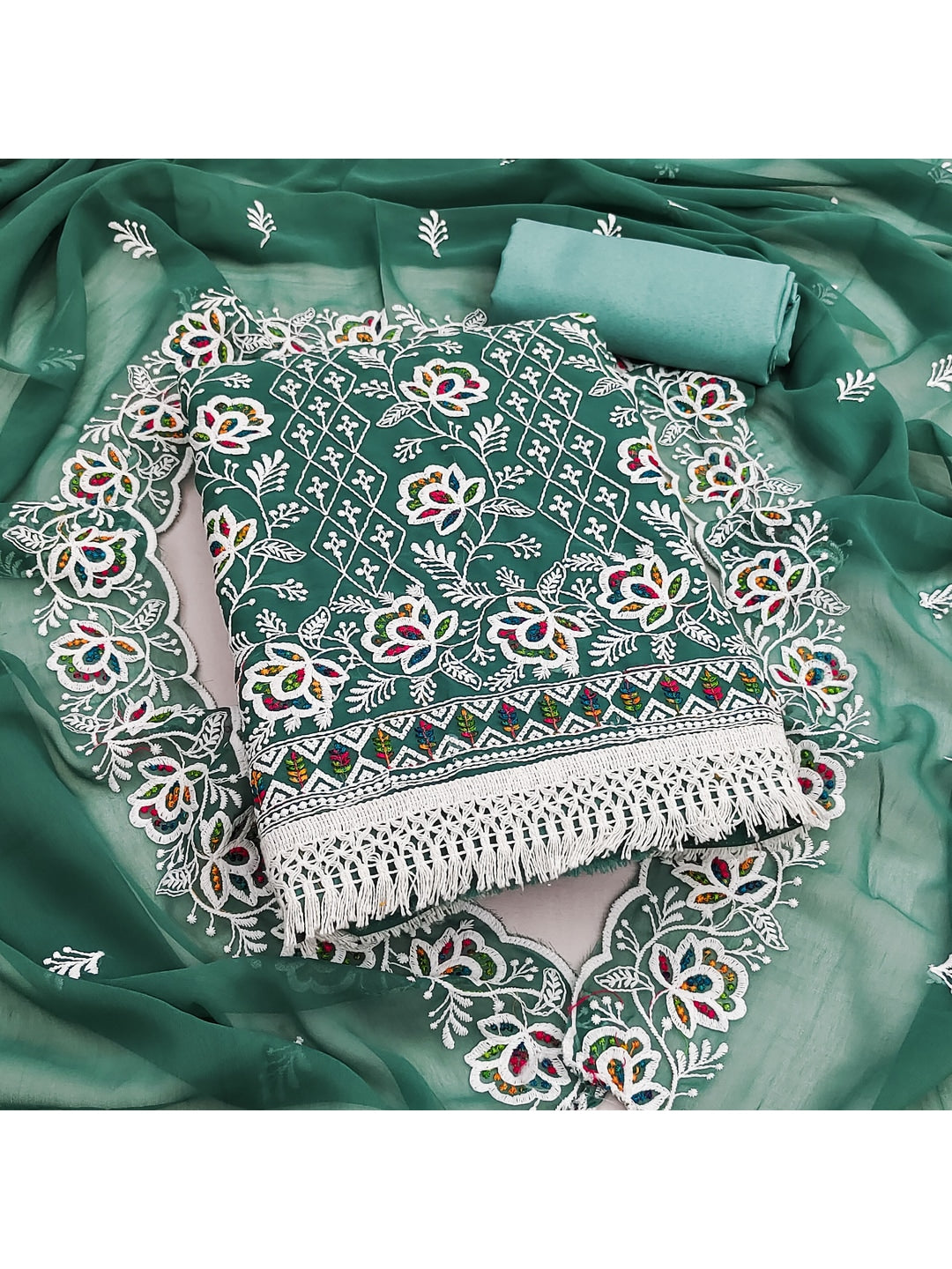 Peachmode Rama Green Floral Thread Work Georgette Dress Material - Image 4