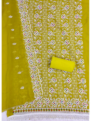 Peachmode Olive Floral Thread Work Georgette Dress Material - Image 2