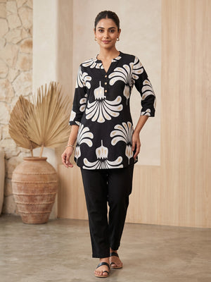 Black Rayon Ethnic Motif Printed Top - Image 1