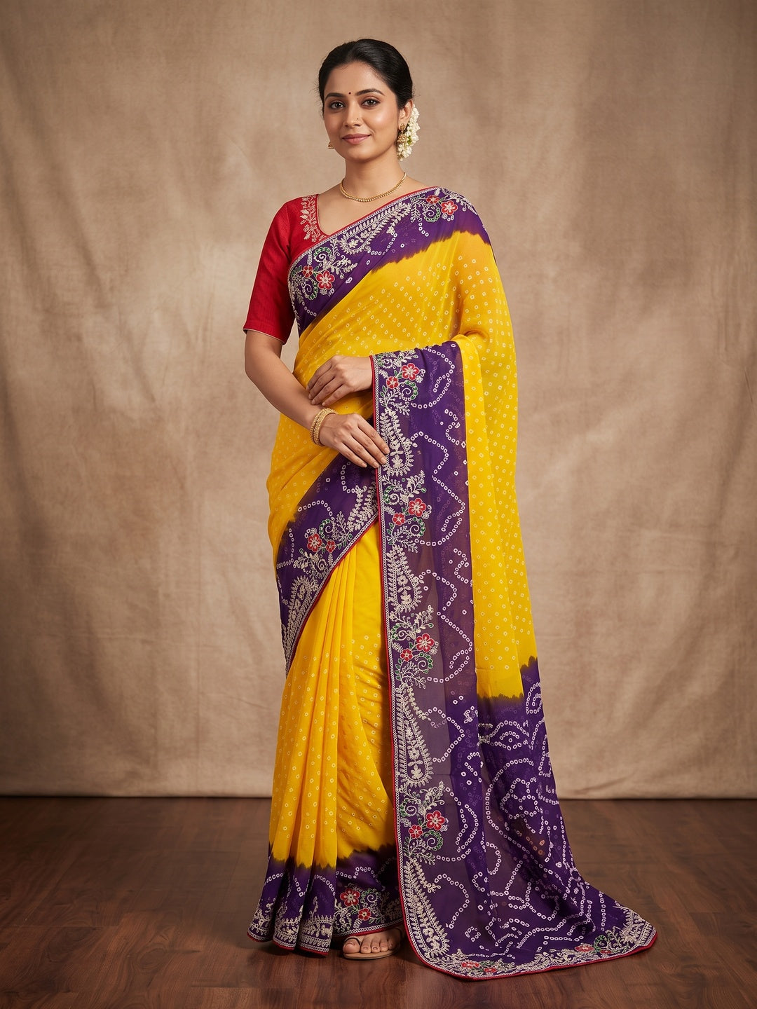 Peachmode Yellow and Blue Georgette Bandhani Embroidered Saree - Image 1