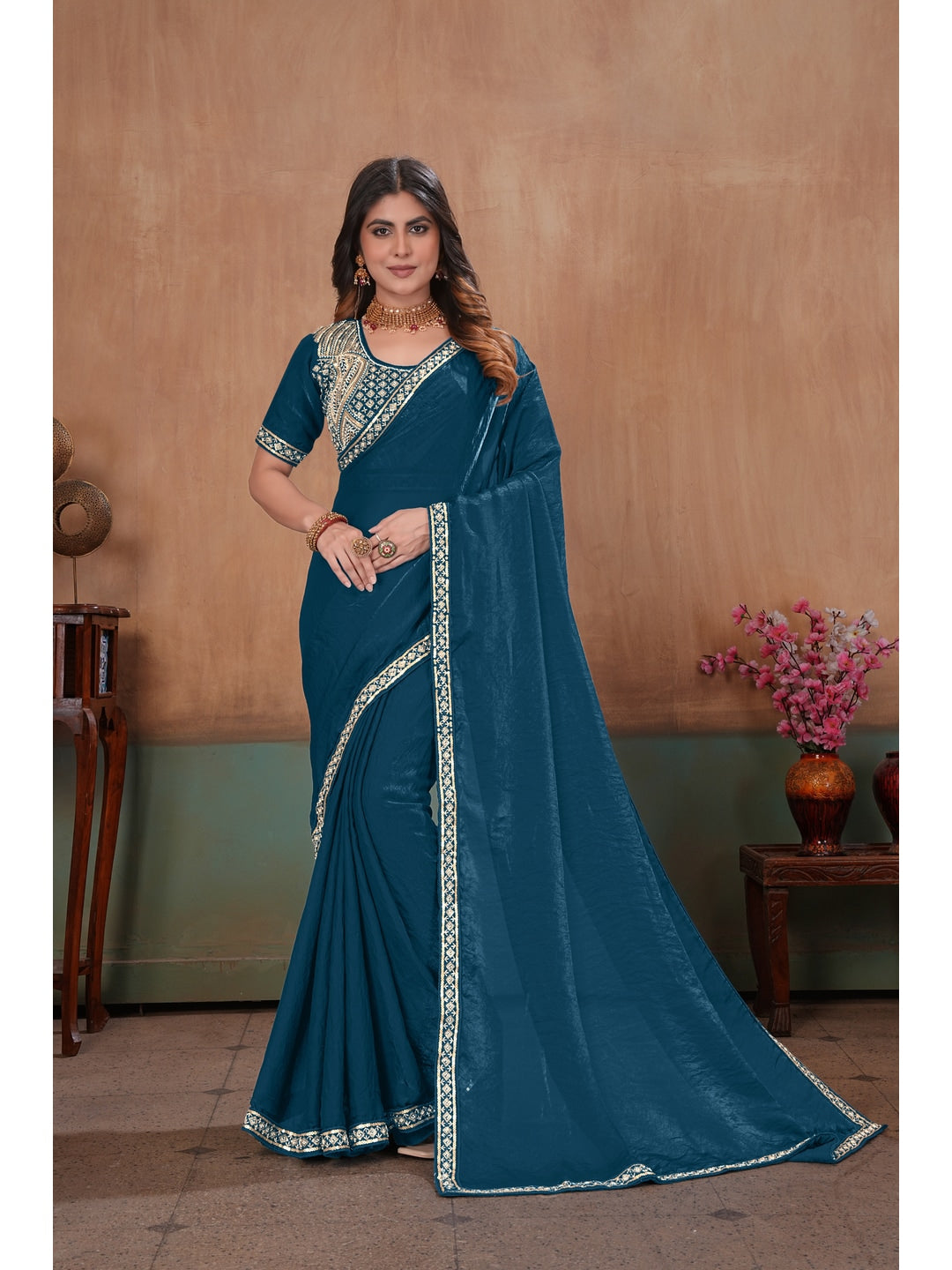 Peachmode Teal Blue Embroidered Fendy Satin Saree With Stitched Blouse - Image 1