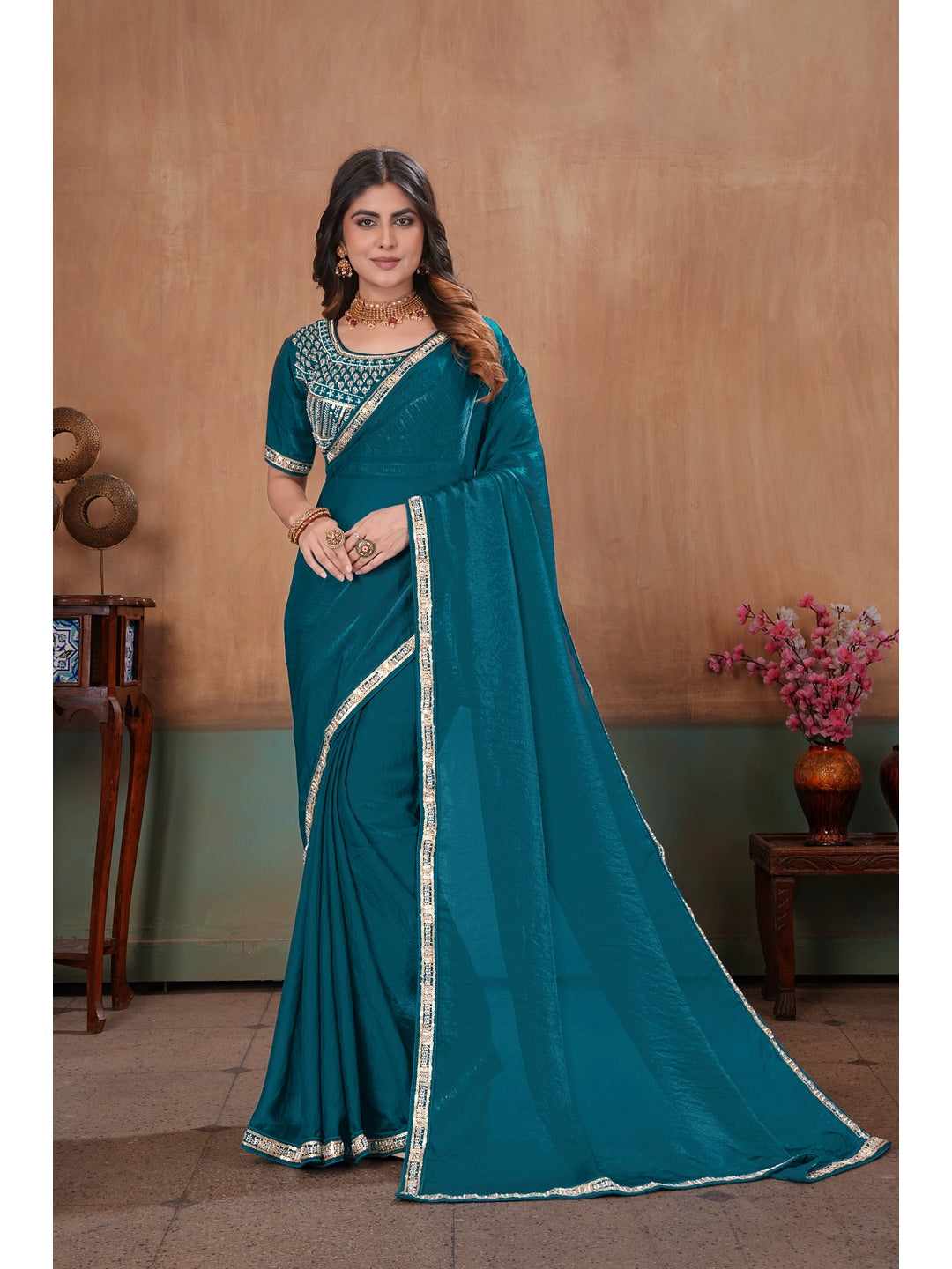 Peachmode Teal Blue Embroidered Fendy Satin Saree With Stitched Blouse - Image 1