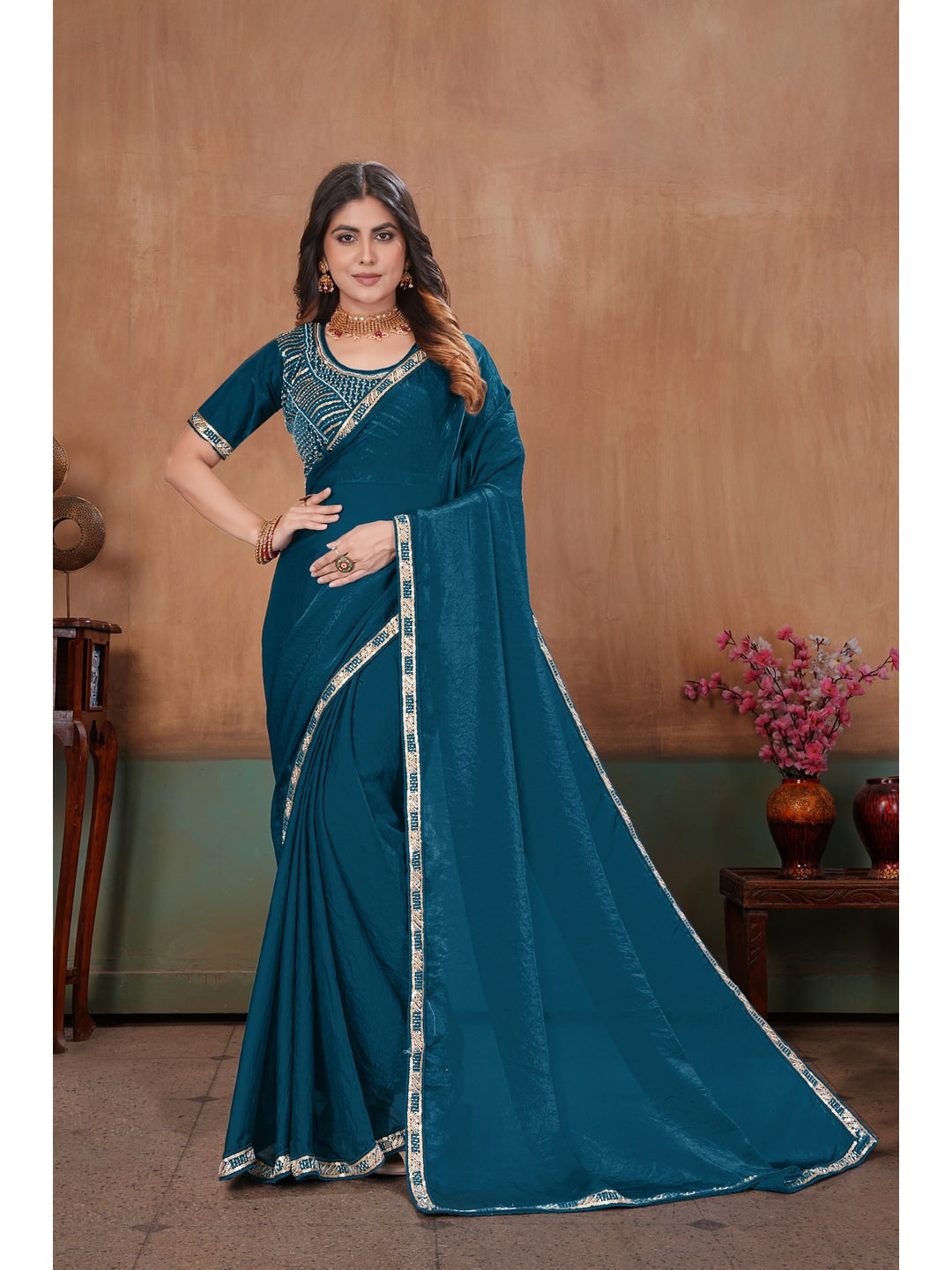 Peachmode Teal Blue Embroidered Fendy Satin Saree With Stitched Blouse - Image 1