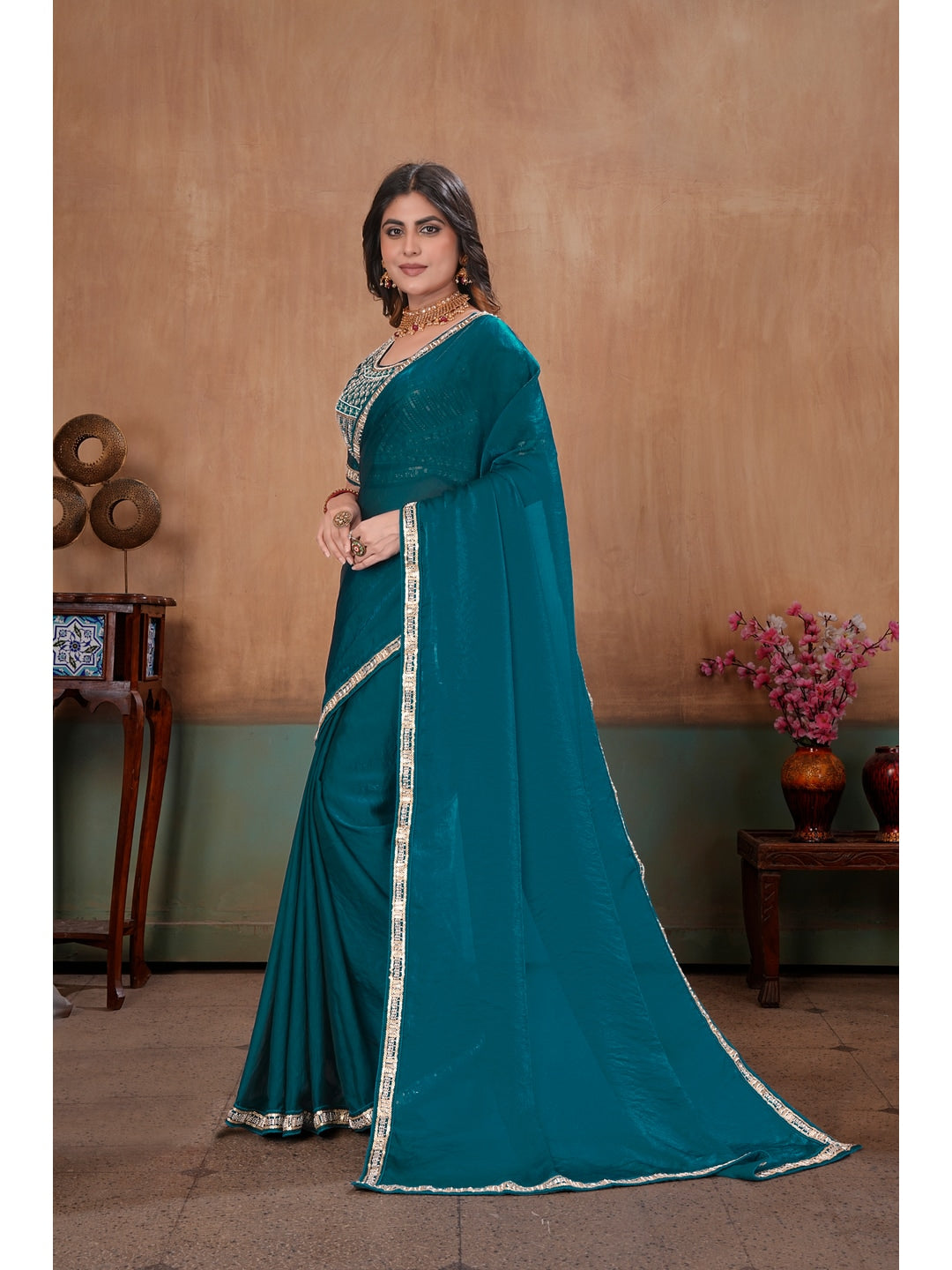 Peachmode Teal Blue Embroidered Fendy Satin Saree With Stitched Blouse - Image 2