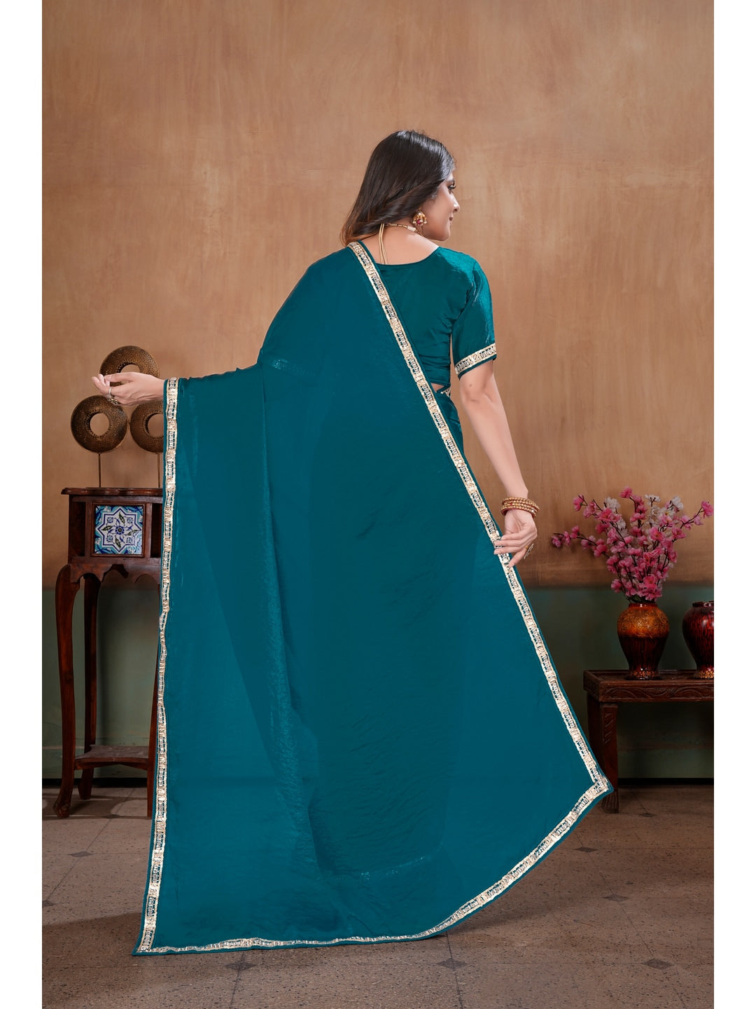 Peachmode Teal Blue Embroidered Fendy Satin Saree With Stitched Blouse - Image 3