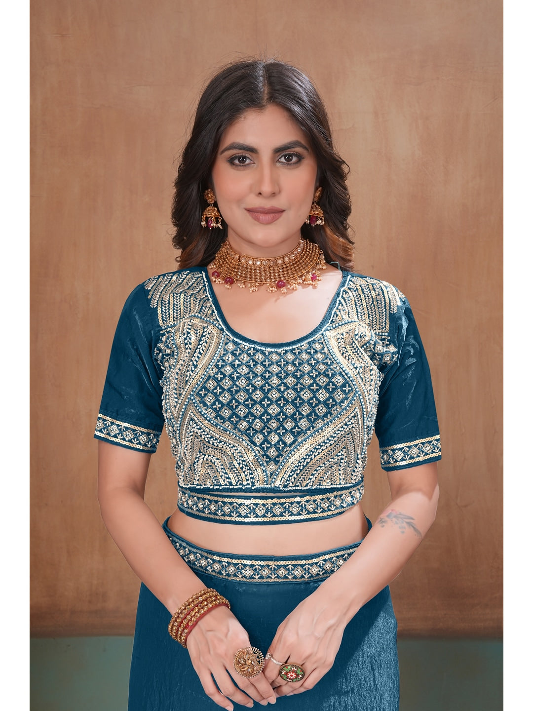 Peachmode Teal Blue Embroidered Fendy Satin Saree With Stitched Blouse - Image 5