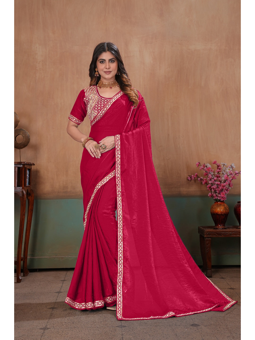 Peachmode Rani Pink Embroidered Fendy Satin Saree With Stitched Blouse - Image 1