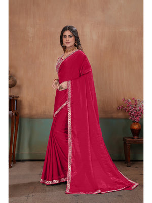 Peachmode Rani Pink Embroidered Fendy Satin Saree With Stitched Blouse - Image 2