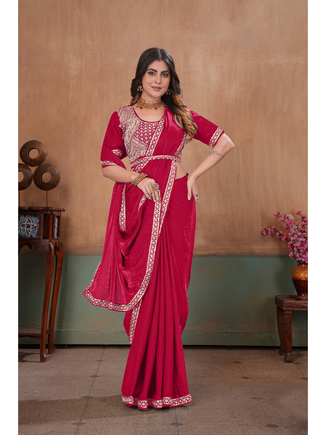 Peachmode Rani Pink Embroidered Fendy Satin Saree With Stitched Blouse - Image 3