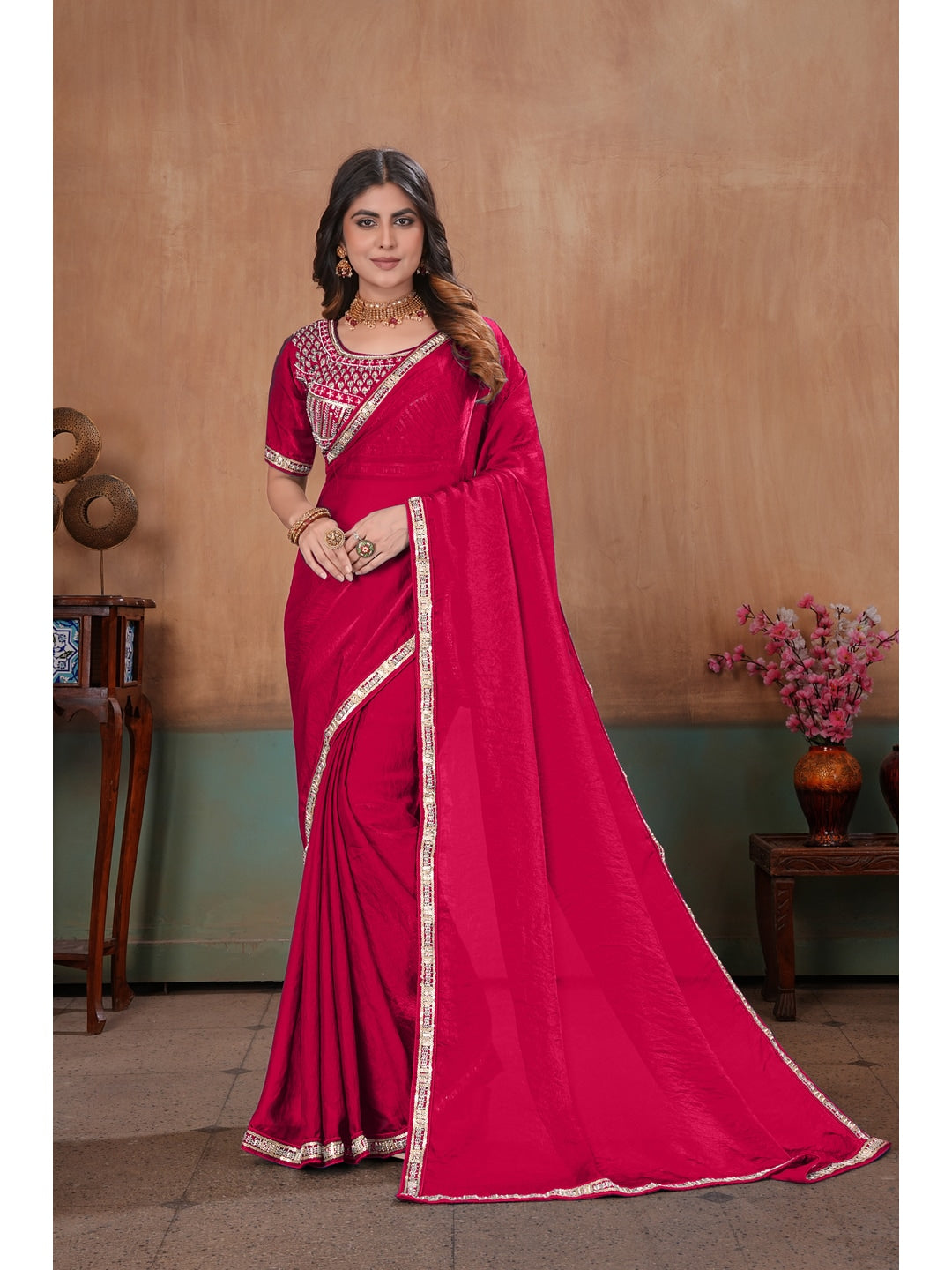 Peachmode Rani Pink Embroidered Fendy Satin Saree With Stitched Blouse - Image 1