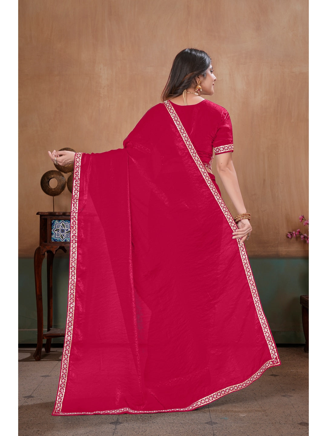 Peachmode Rani Pink Embroidered Fendy Satin Saree With Stitched Blouse - Image 4