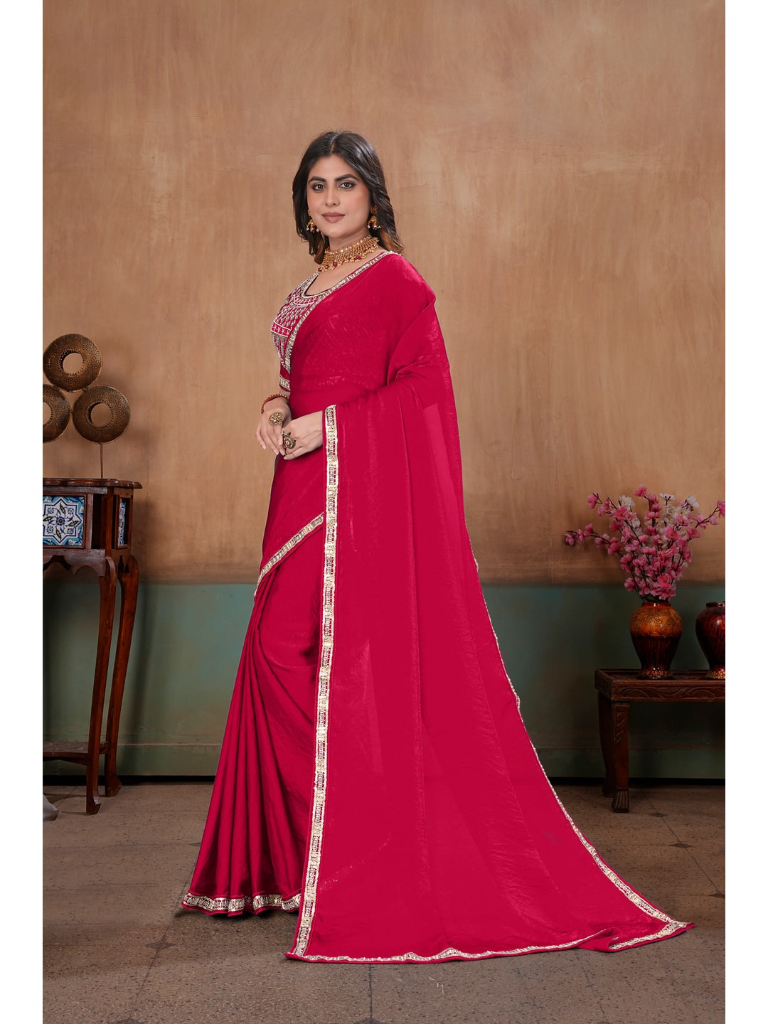 Peachmode Rani Pink Embroidered Fendy Satin Saree With Stitched Blouse - Image 2
