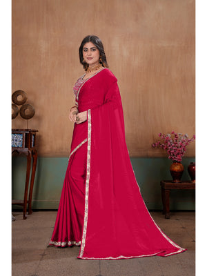 Peachmode Rani Pink Embroidered Fendy Satin Saree With Stitched Blouse - Image 2