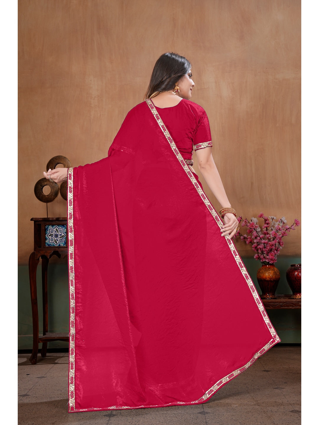 Peachmode Rani Pink Embroidered Fendy Satin Saree With Stitched Blouse - Image 2
