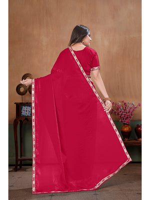 Peachmode Rani Pink Embroidered Fendy Satin Saree With Stitched Blouse - Image 2
