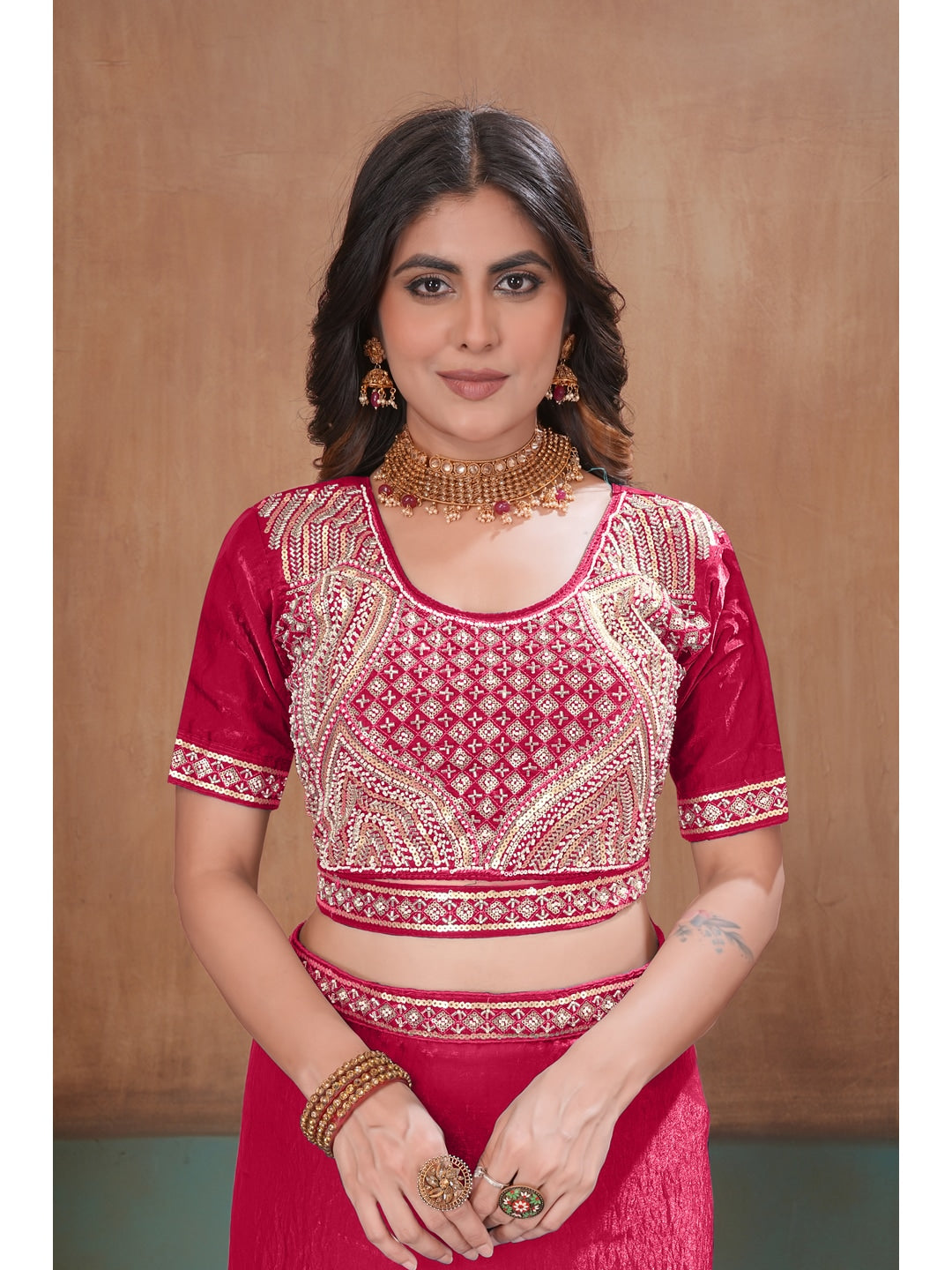 Peachmode Rani Pink Embroidered Fendy Satin Saree With Stitched Blouse - Image 5