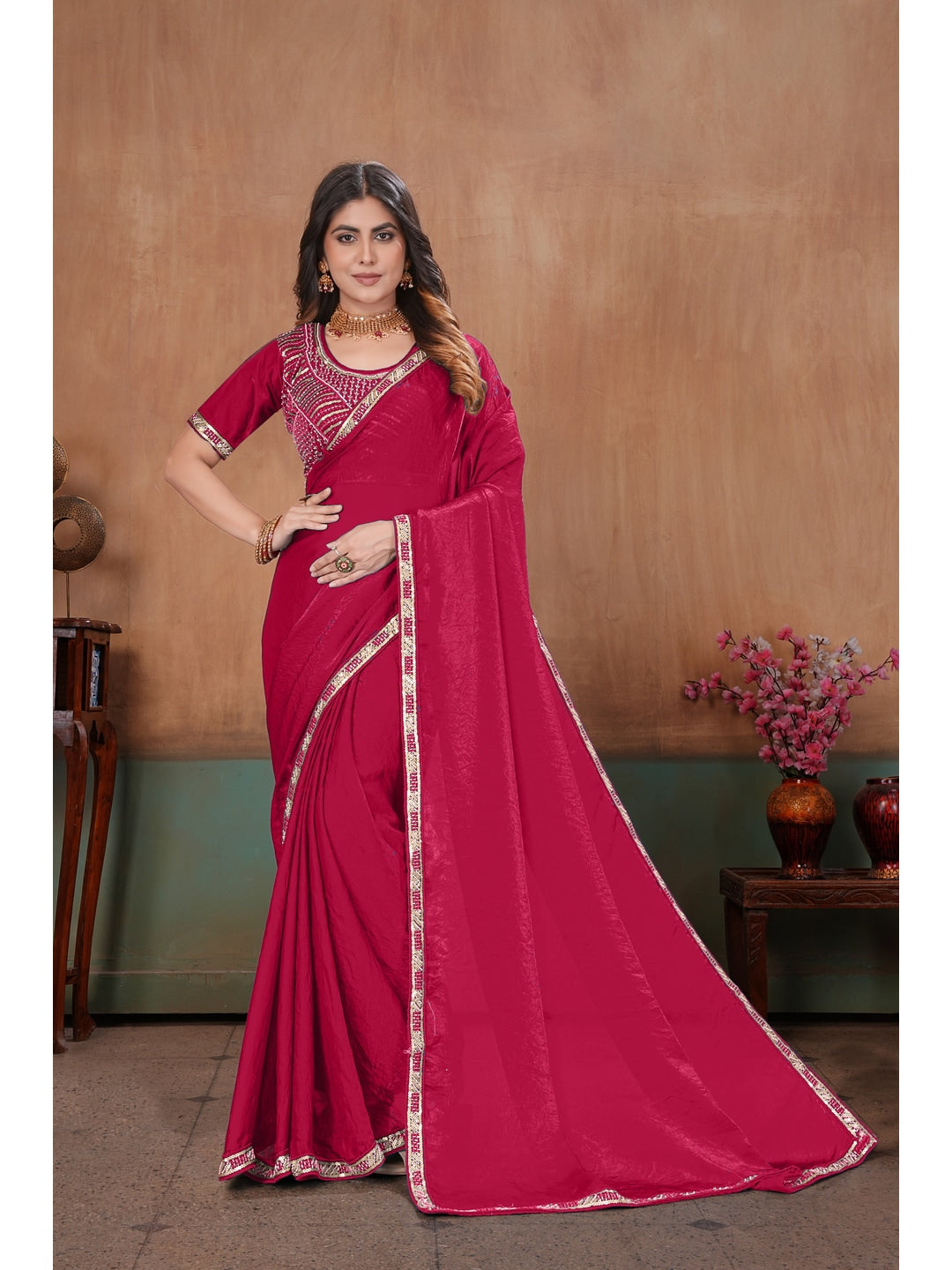 Peachmode Rani Pink Embroidered Fendy Satin Saree With Stitched Blouse - Image 5
