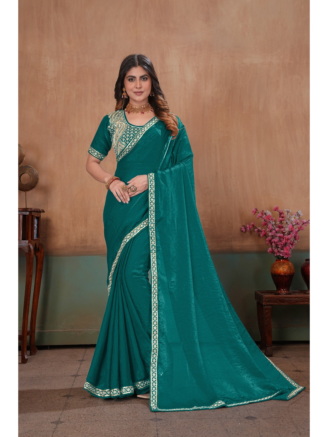 Peachmode Green Embroidered Fendy Satin Saree With Stitched Blouse - Image 1