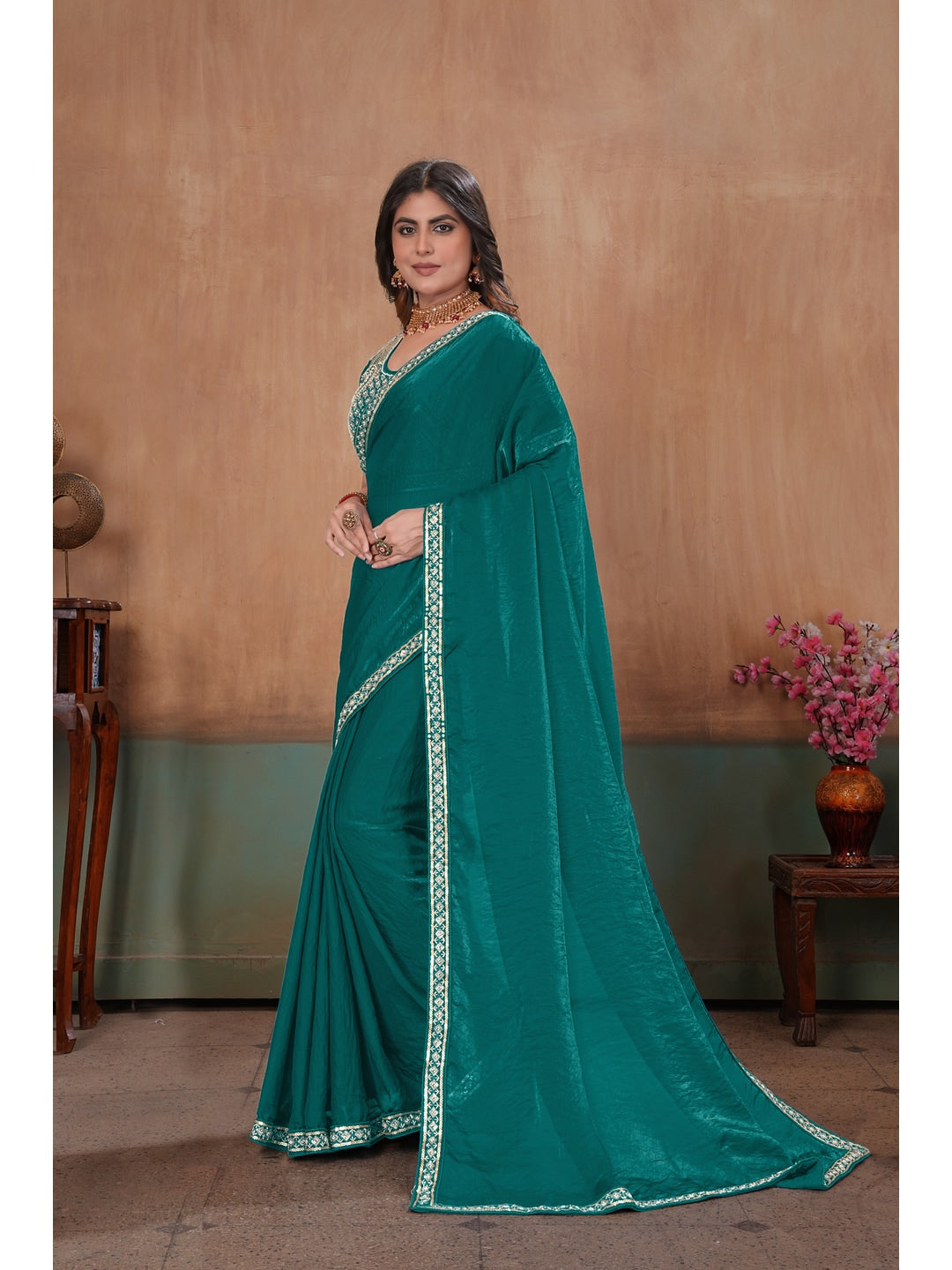 Peachmode Green Embroidered Fendy Satin Saree With Stitched Blouse - Image 2