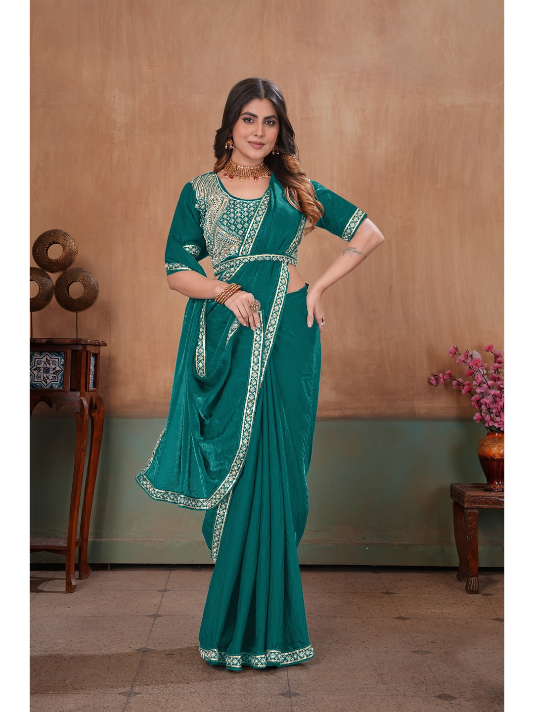 Peachmode Green Embroidered Fendy Satin Saree With Stitched Blouse - Image 3