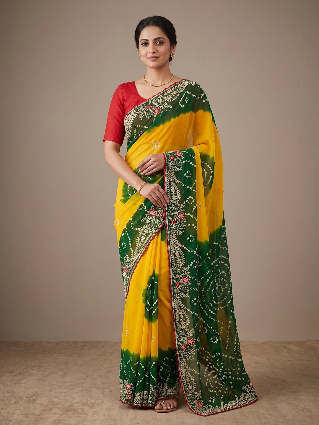 Peachmode Yellow and Green Georgette Bandhani Embroidered Saree - Image 1