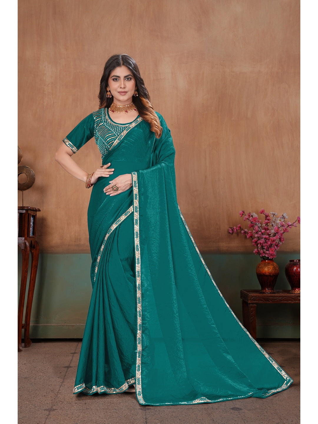 Peachmode Green Embroidered Fendy Satin Saree With Stitched Blouse - Image 1