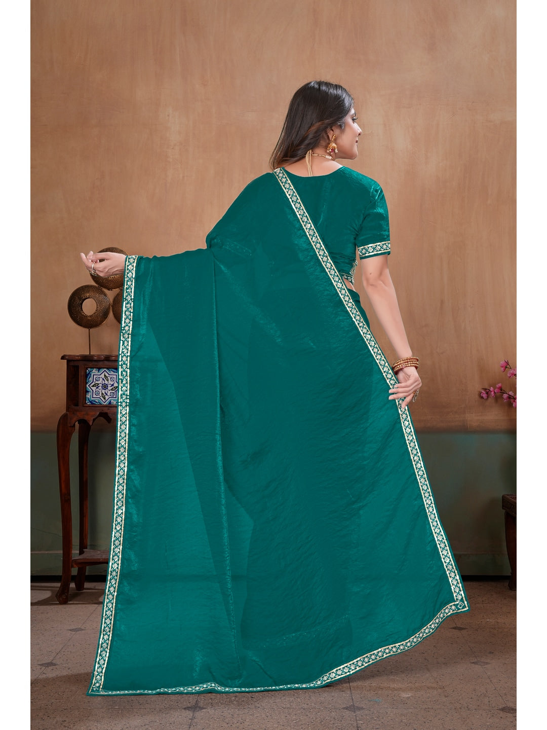 Peachmode Green Embroidered Fendy Satin Saree With Stitched Blouse - Image 4