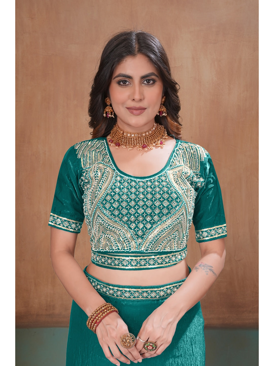 Peachmode Green Embroidered Fendy Satin Saree With Stitched Blouse - Image 5