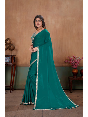 Peachmode Green Embroidered Fendy Satin Saree With Stitched Blouse - Image 2