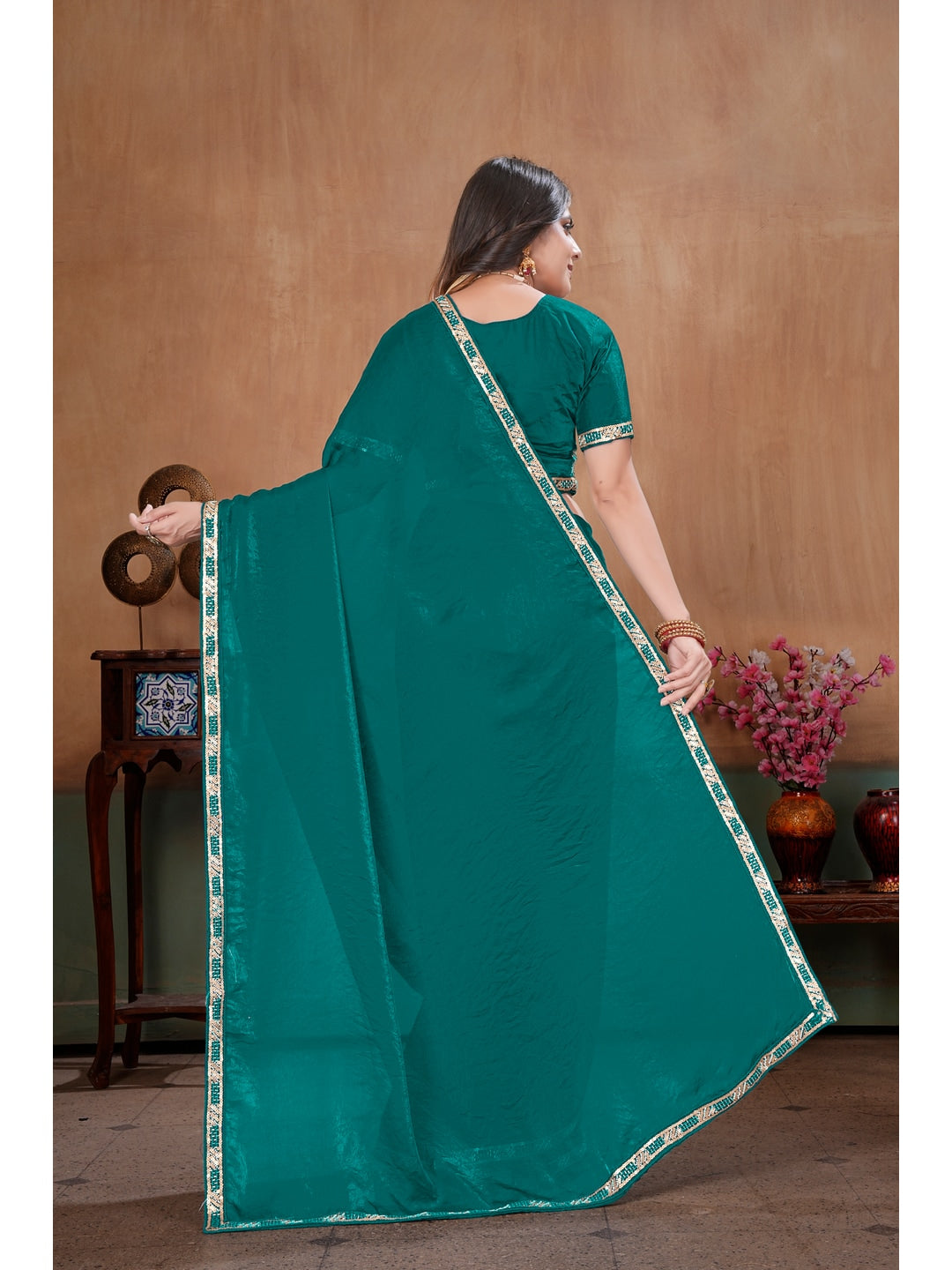 Peachmode Green Embroidered Fendy Satin Saree With Stitched Blouse - Image 3
