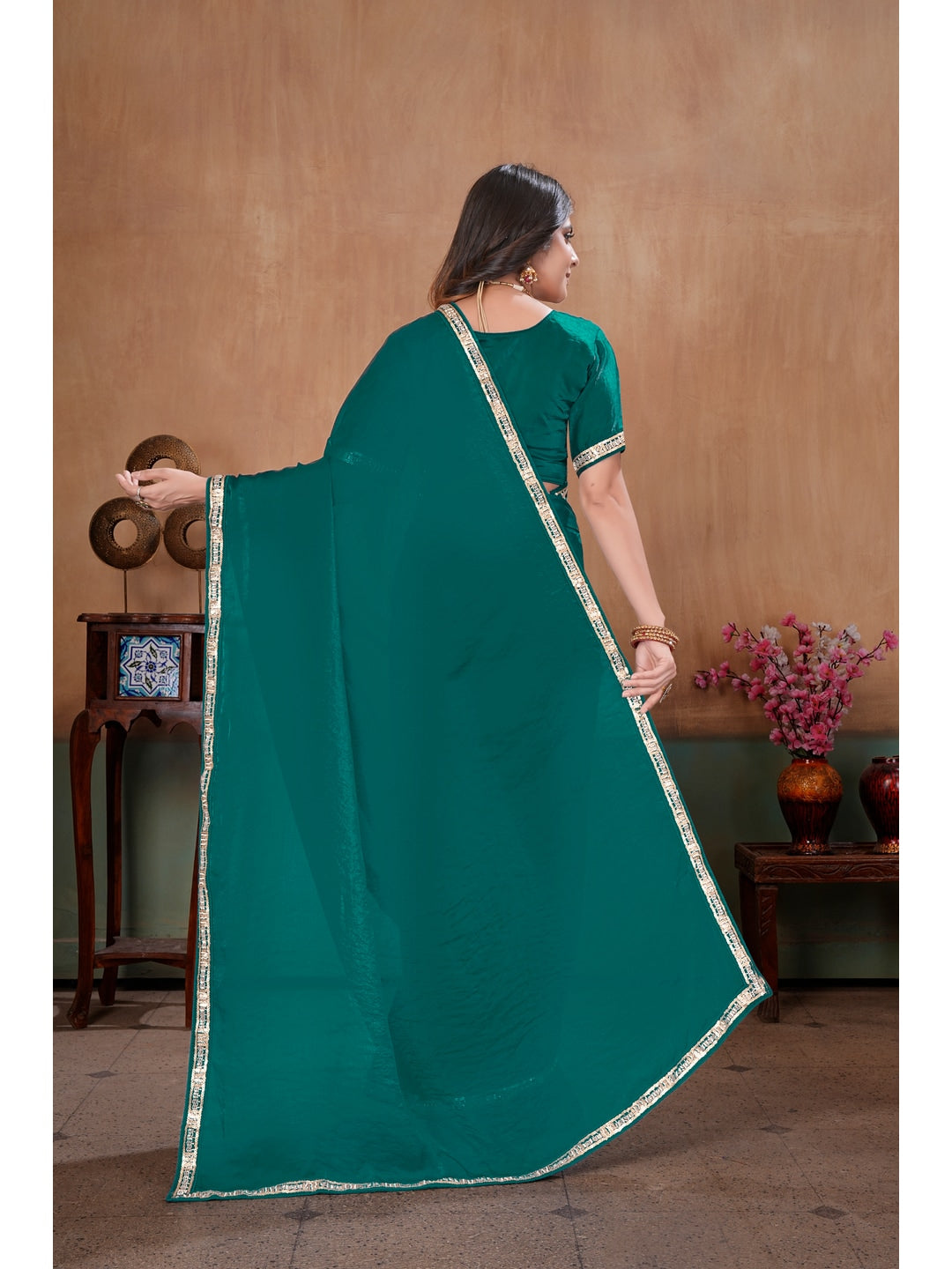 Peachmode Green Embroidered Fendy Satin Saree With Stitched Blouse - Image 3