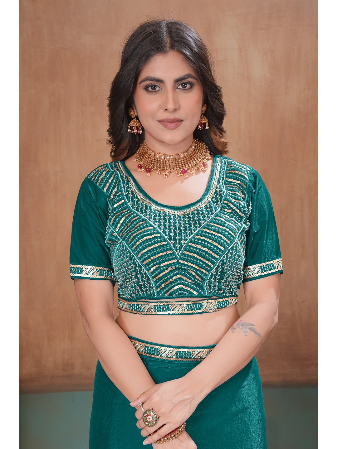 Peachmode Green Embroidered Fendy Satin Saree With Stitched Blouse - Image 5