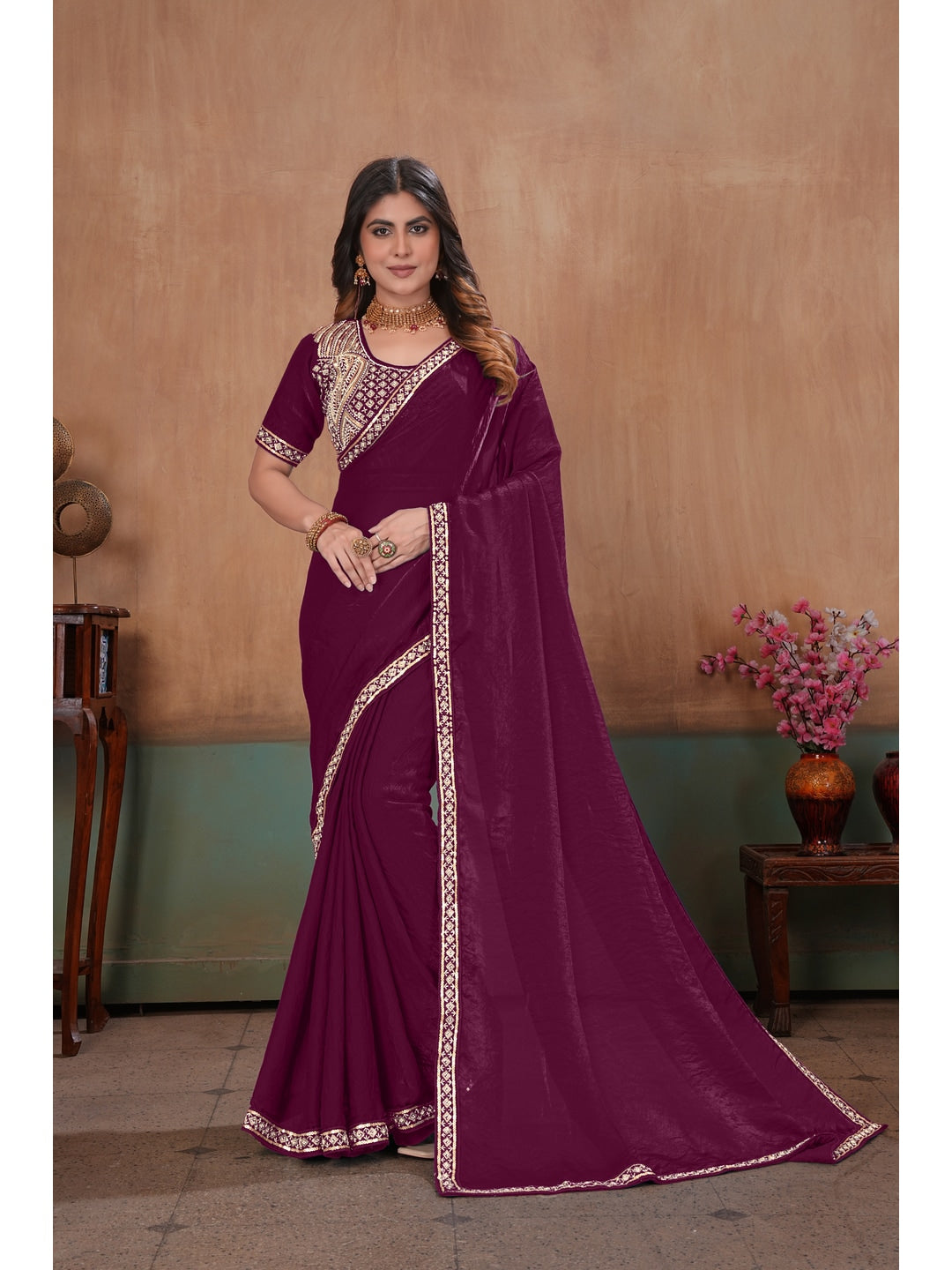Peachmode Wine Embroidered Fendy Satin Saree With Stitched Blouse - Image 1