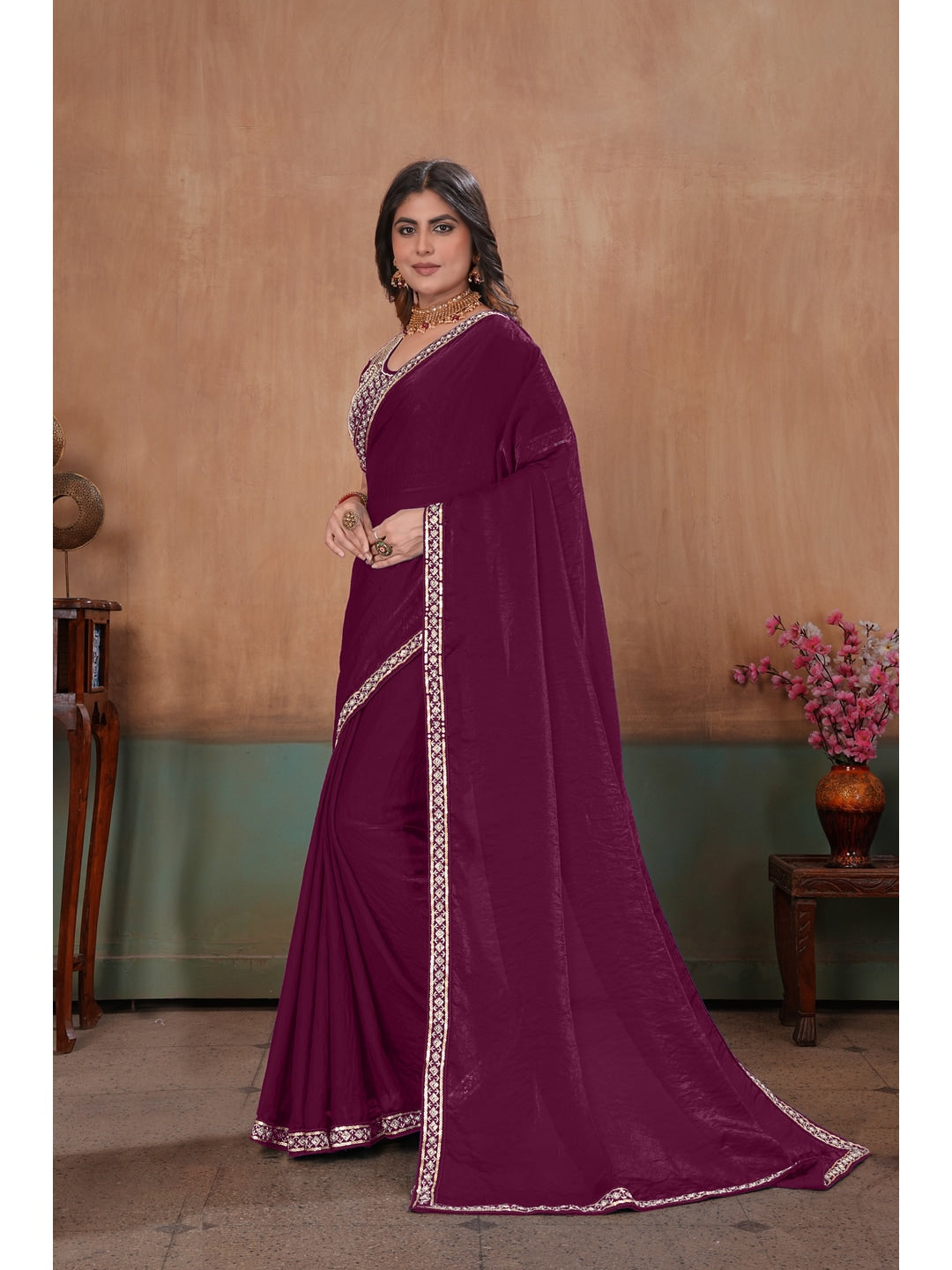 Peachmode Wine Embroidered Fendy Satin Saree With Stitched Blouse - Image 2