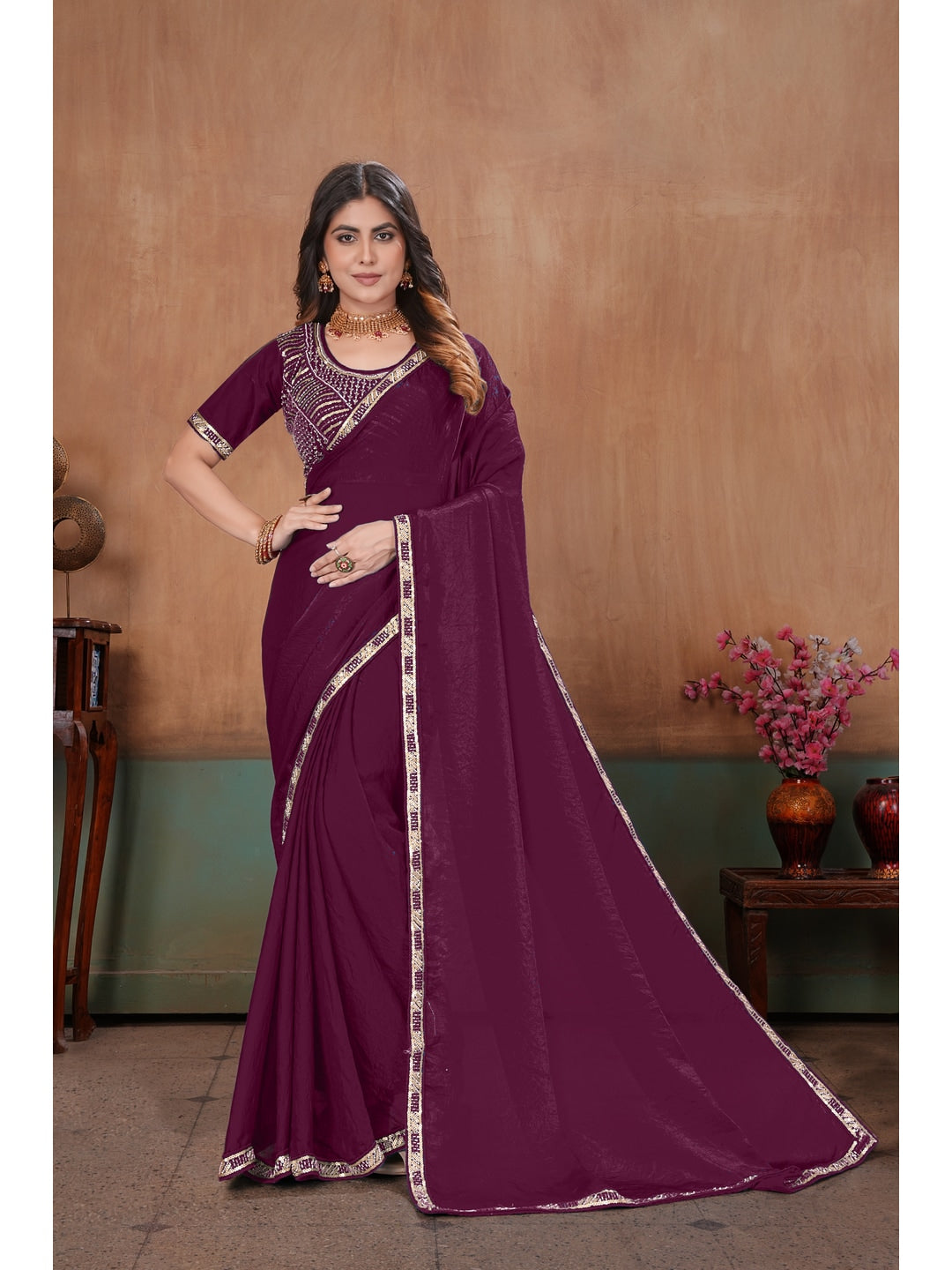 Peachmode Wine Embroidered Fendy Satin Saree With Stitched Blouse - Image 1