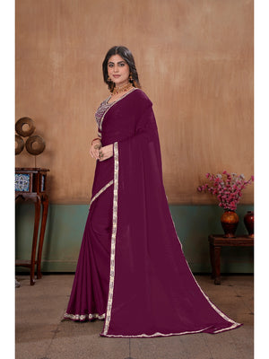Peachmode Wine Embroidered Fendy Satin Saree With Stitched Blouse - Image 2