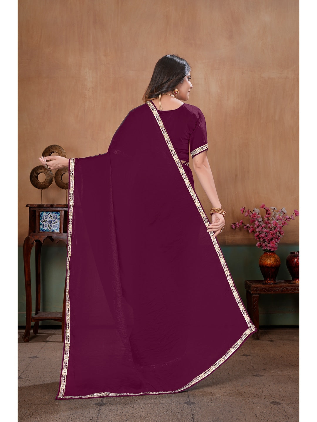 Peachmode Wine Embroidered Fendy Satin Saree With Stitched Blouse - Image 3