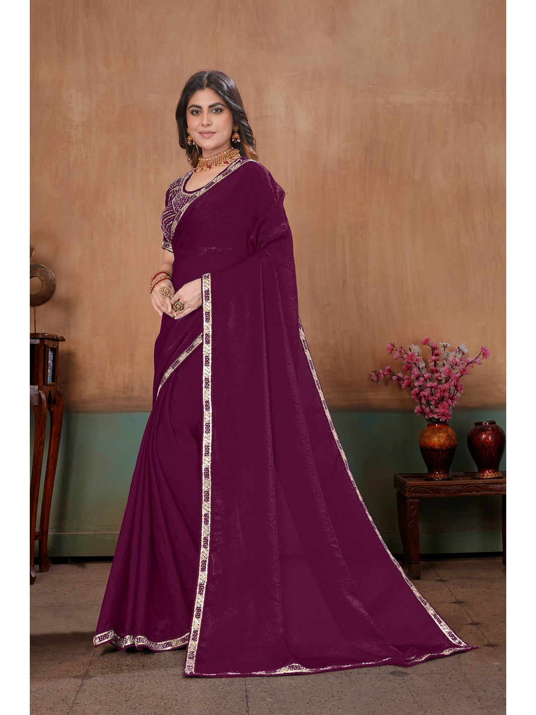 Peachmode Wine Embroidered Fendy Satin Saree With Stitched Blouse - Image 2