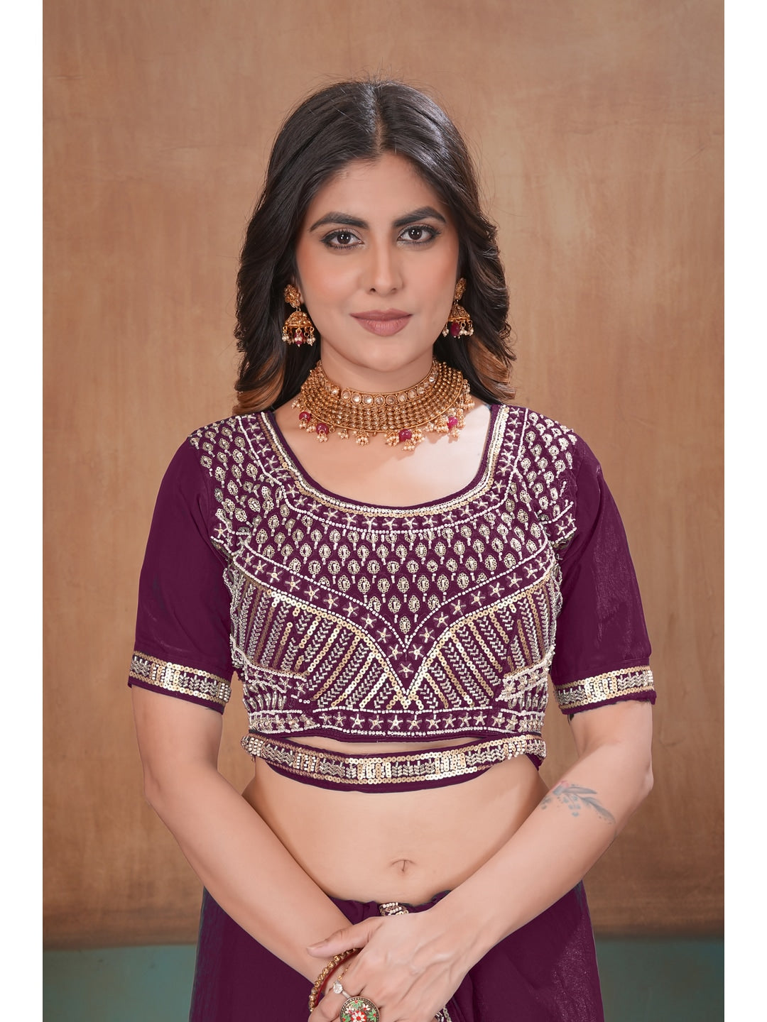 Peachmode Wine Embroidered Fendy Satin Saree With Stitched Blouse - Image 5