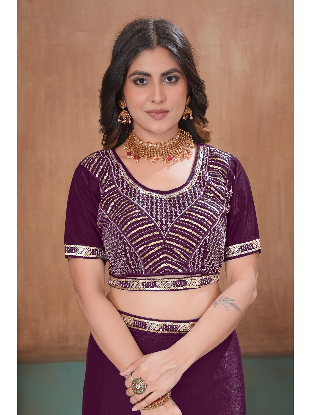 Peachmode Wine Embroidered Fendy Satin Saree With Stitched Blouse - Image 5