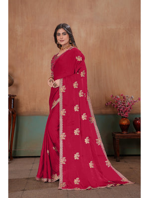 Peachmode Rani Pink Embroidered Fendy Satin Saree With Stitched Blouse - Image 2