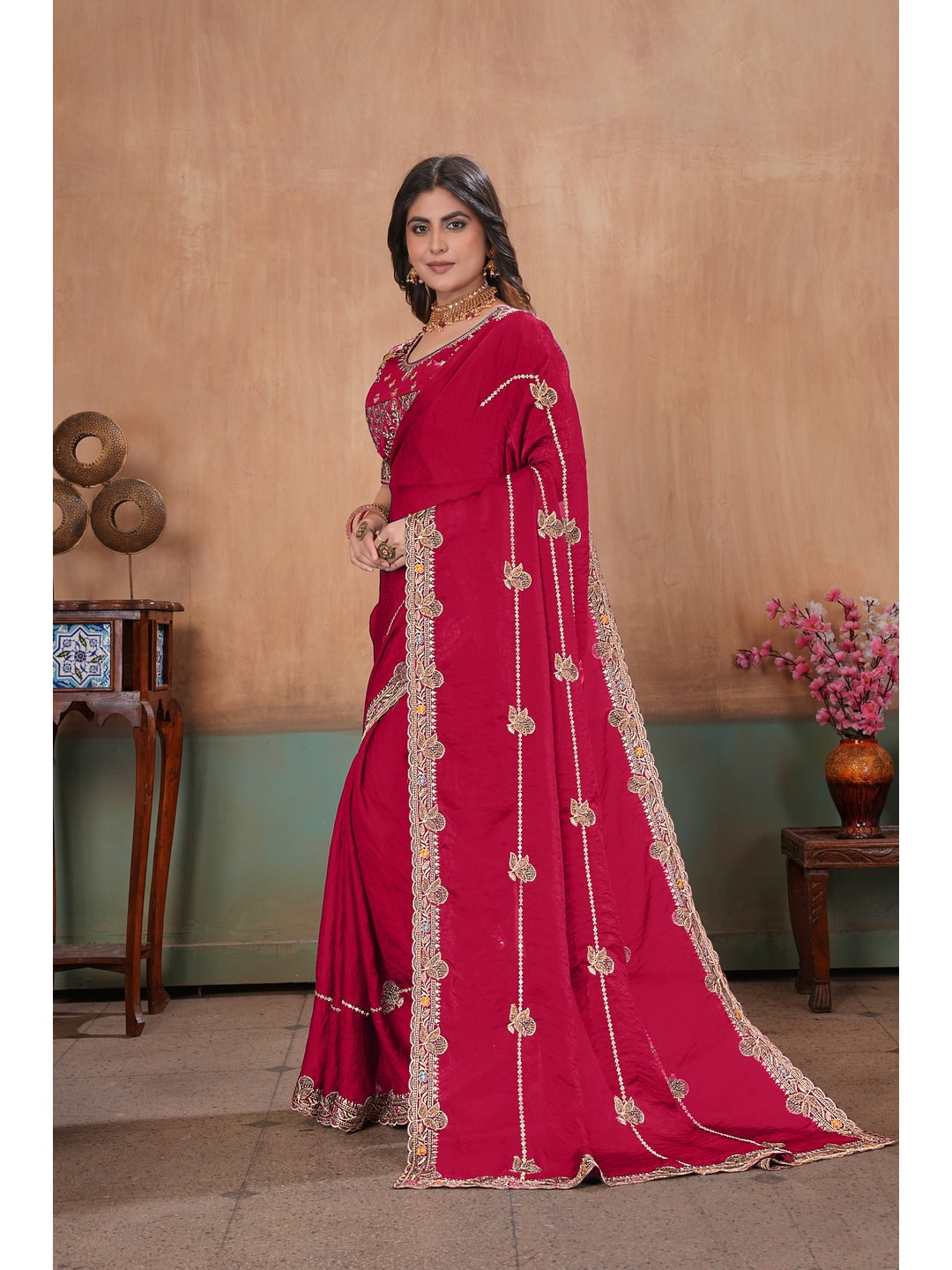 Peachmode Rani Pink Embroidered Fendy Satin Saree With Stitched Blouse - Image 2