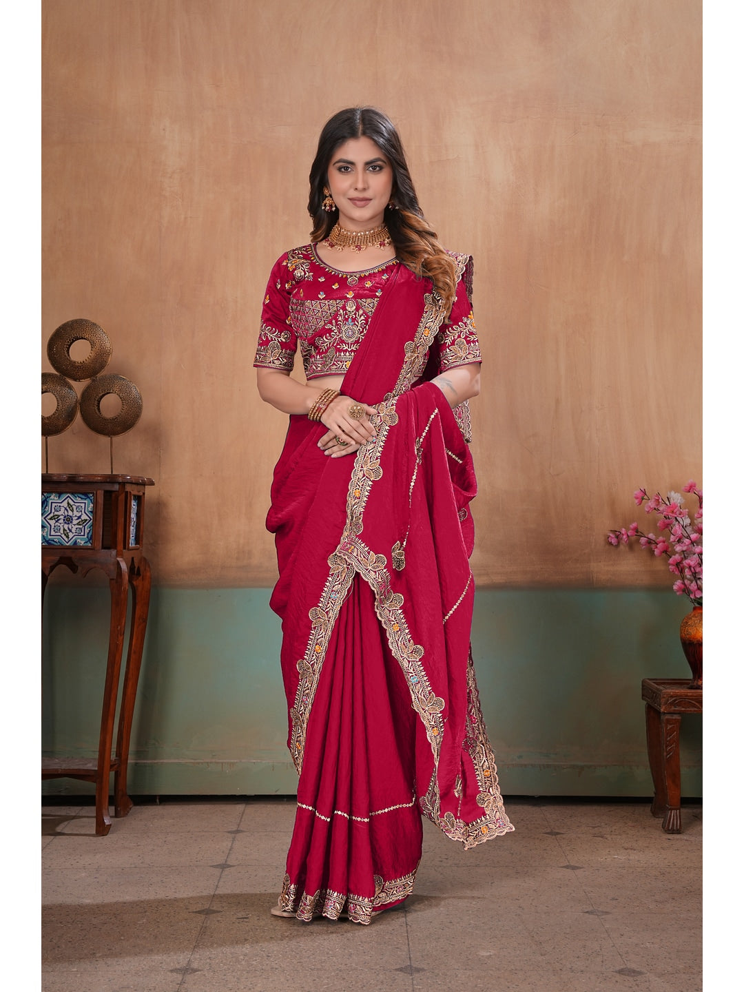 Peachmode Rani Pink Embroidered Fendy Satin Saree With Stitched Blouse - Image 3