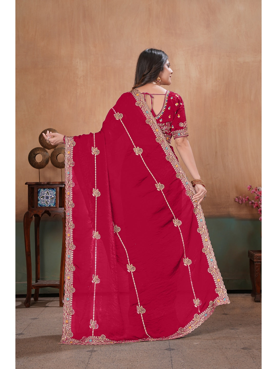 Peachmode Rani Pink Embroidered Fendy Satin Saree With Stitched Blouse - Image 4
